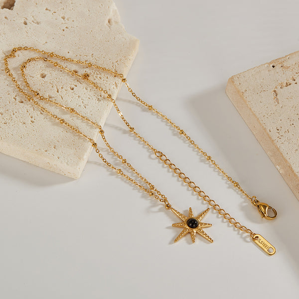 Women's Titanium Stainless Steel Star Pendant Necklace with Black Stone – Gold-Plated Chain – Hypoallergenic & Tarnish Resistant-Women's Necklace-SunnyHouse Jewelry