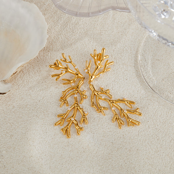 Women’s Gold Coral Branch Pearl Drop Earrings – Ocean-Inspired Long Dangle Earrings with Simulated Pearls, Statement Jewelry for Women and Girls-Women's Earrings-SunnyHouse Jewelry