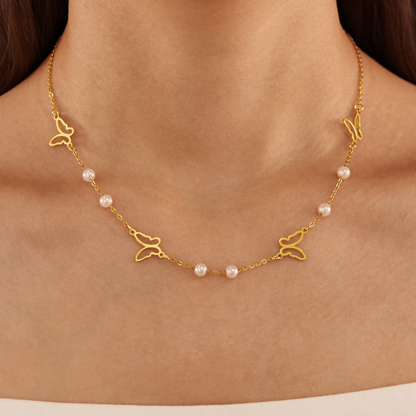 Women’s Butterfly Pendant Necklace – Gold Plated Titanium Stainless Steel with Faux Pearls – Dainty Hypoallergenic Chain Necklace – Elegant Nature-Inspired Jewelry-Women's Necklace-SunnyHouse Jewelry