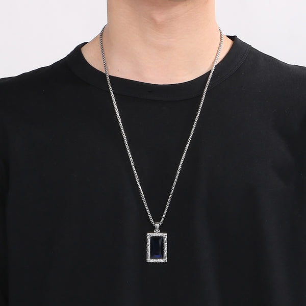 Men’s Titanium Stainless Steel Blue Stone Pendant Necklace – Vintage-Style Rectangular Pendant with Intricate Detailing – Durable Fashion Necklace for Men-Men's Pendant Necklace-SunnyHouse Jewelry
