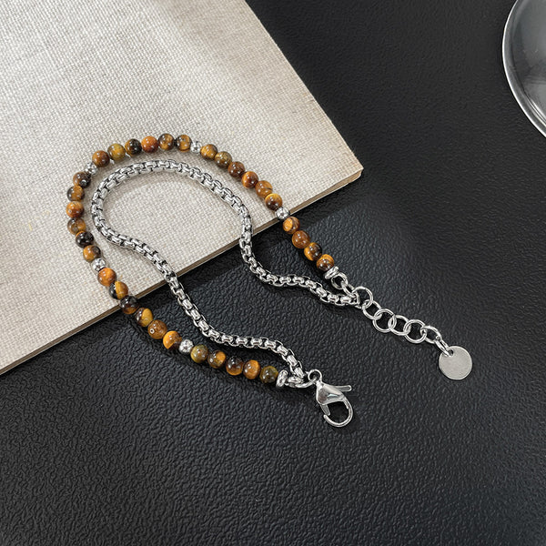 Men’s Tiger Eye Beaded Bracelet with Stainless Steel Chain – Dual Strand Adjustable Bracelet with Lobster Clasp – Natural Stone & Steel Jewelry for Men-Men's Bracelet-SunnyHouse Jewelry