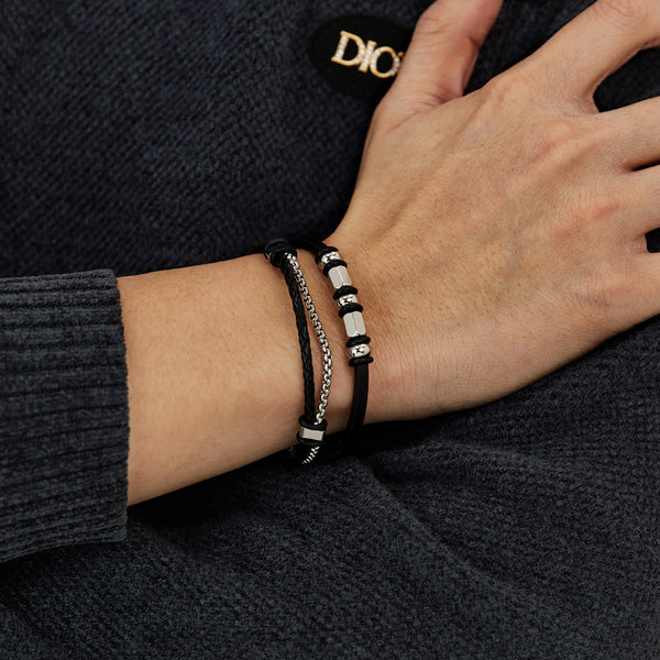 Men’s Titanium Stainless Steel Leather Bracelet – Multi-Strand Black Braided Leather and Chain with Silver Beads – Stylish Magnetic Clasp Wristband for Men-Men's Bracelet-SunnyHouse Jewelry