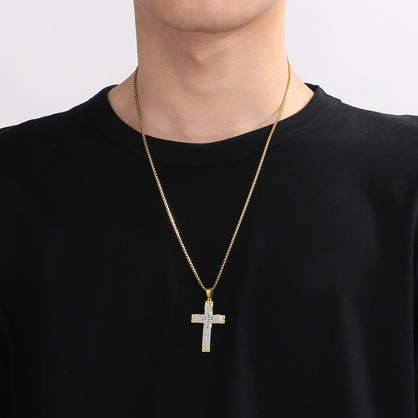 Men’s Titanium Stainless Steel Cross Pendant Necklace – Gold-Plated with Greek Key Engravings – Durable Christian Jewelry for Men-Men's Pendant Necklace-SunnyHouse Jewelry