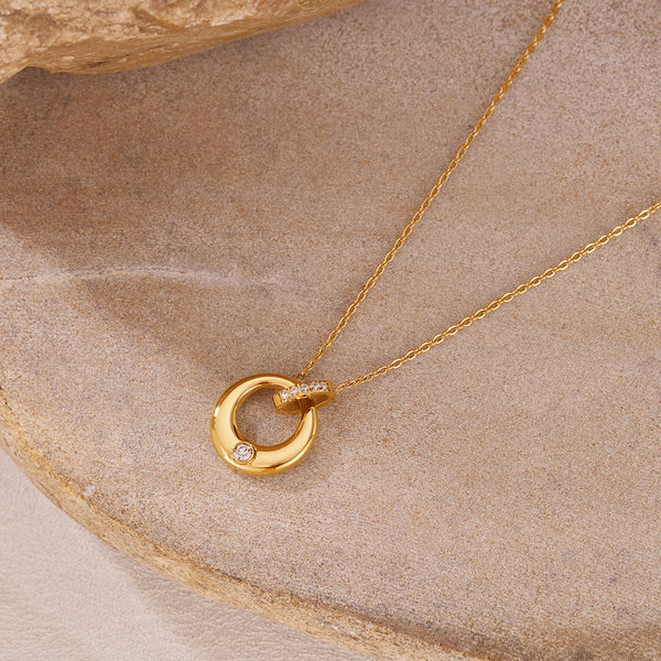 Women’s Titanium Stainless Steel Circle Pendant Necklace – Gold Plated with Cubic Zirconia – Elegant Round Charm Necklace – Hypoallergenic & Tarnish Resistant Jewelry-Women's Necklace-SunnyHouse Jewelry