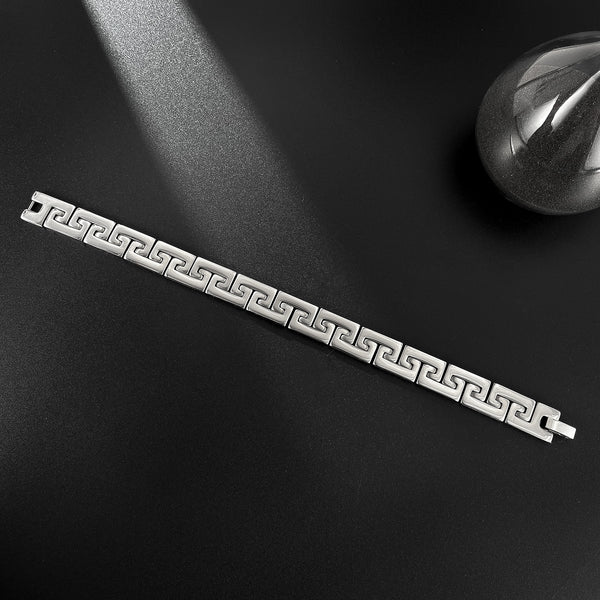 Men’s Titanium Stainless Steel Bracelet – Greek Key Link Chain Design, Polished Silver, Durable & Hypoallergenic Classic Bracelet for Men-Men's Bracelet-SunnyHouse Jewelry
