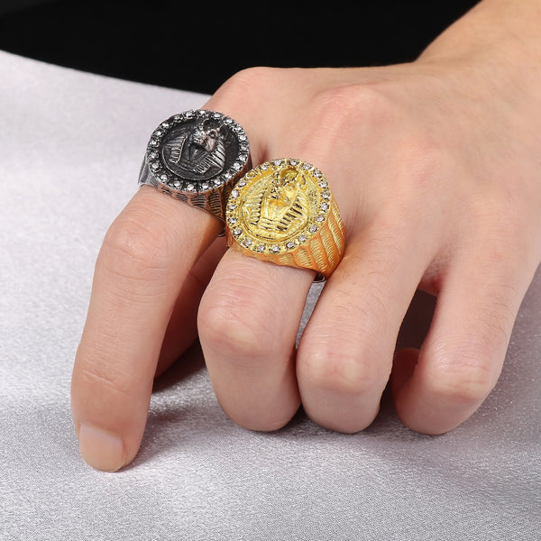 Men's Pharaoh Head Ring - Titanium Stainless Steel Egyptian Style Jewelry with Crystal Accents-Men's Ring-SunnyHouse Jewelry