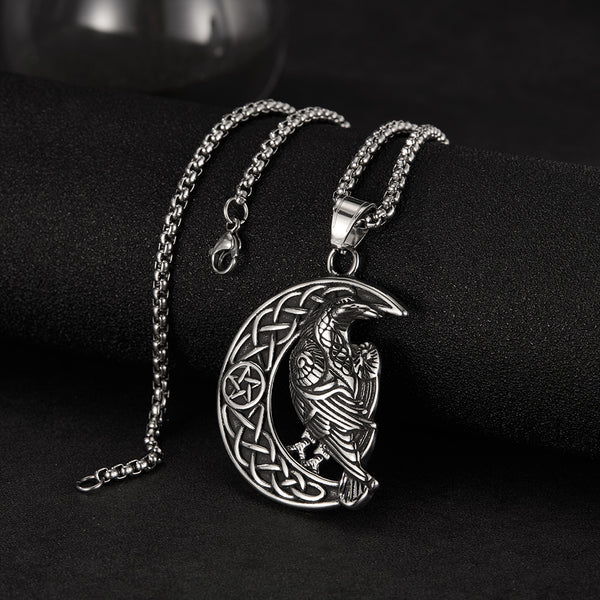 Celtic Crow Moon Pendant Necklace for Men – Titanium Stainless Steel Raven Necklace with Pentagram and Knotwork – Norse Viking Bird Amulet Jewelry-Men's Pendant Necklace-SunnyHouse Jewelry