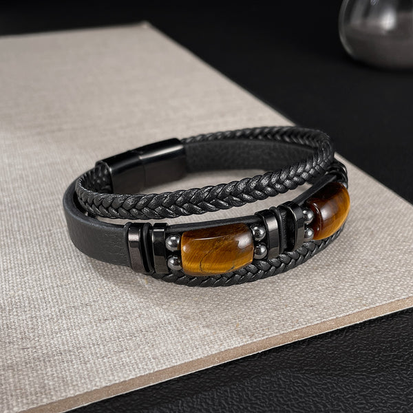 Men’s Tiger Eye Stone Bracelet – Titanium Stainless Steel & Black Braided Leather Wrap Bracelet – Natural Gemstone Jewelry for Men-Men's Bracelet-SunnyHouse Jewelry