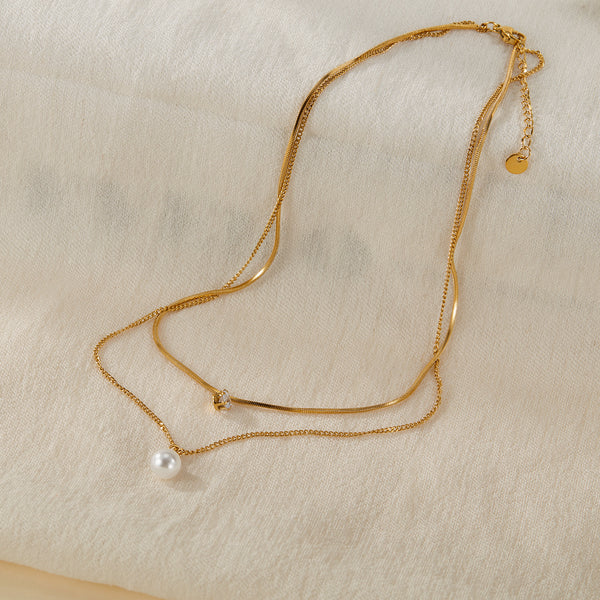 Women’s Titanium Stainless Steel Layered Pearl and Crystal Pendant Necklace, Gold-Plated with Adjustable Chain – Elegant Jewelry for Casual and Formal Occasions-Women's Necklace-SunnyHouse Jewelry