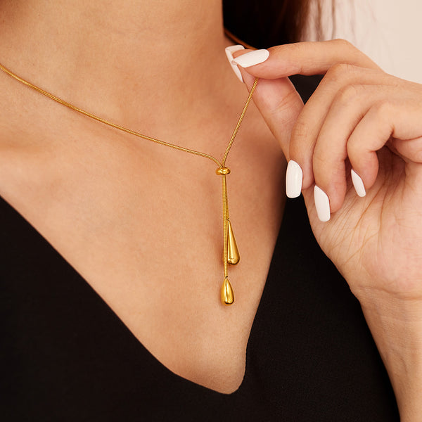 Elegant Teardrop Lariat Necklace for Women – Gold Plated Titanium Stainless Steel Y Pendant Jewelry – Adjustable Drop Chain Necklace for Daily or Party Wear-Women's Necklace-SunnyHouse Jewelry