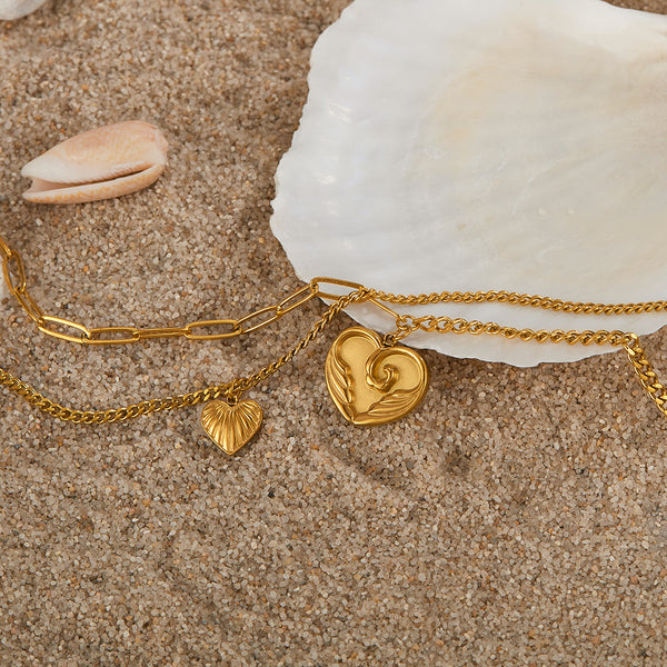 Women’s Fashion Layered Pendant Necklace – Gold-Tone Double Chain with Heart Charms, Fashion Jewelry for Women and Girls-Women's Necklace-SunnyHouse Jewelry