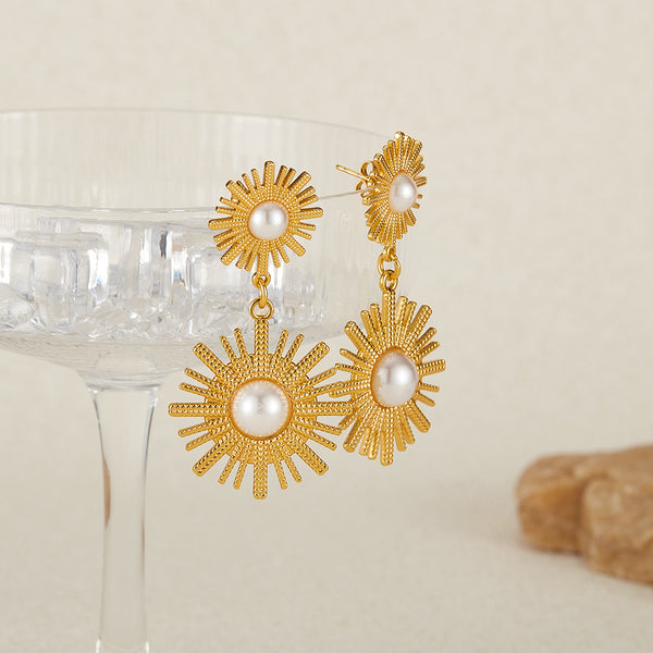 Women’s Gold Sunburst Pearl Drop Earrings – Elegant Double Sun Statement Earrings with Simulated Pearl, Fashion Jewelry for Women and Girls-Women's Earrings-SunnyHouse Jewelry