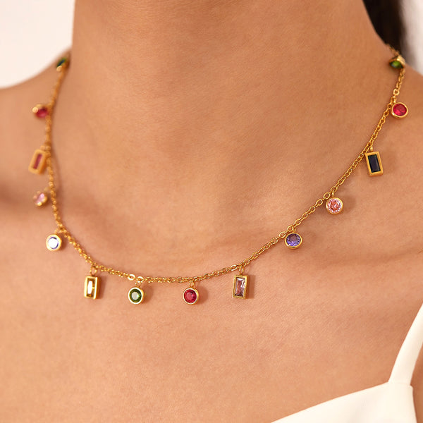 Vibrant Women's Gold Chain Necklace with Multicolor Gemstone Charms – Elegant, Playful Jewelry Piece-Women's Necklace-SunnyHouse Jewelry