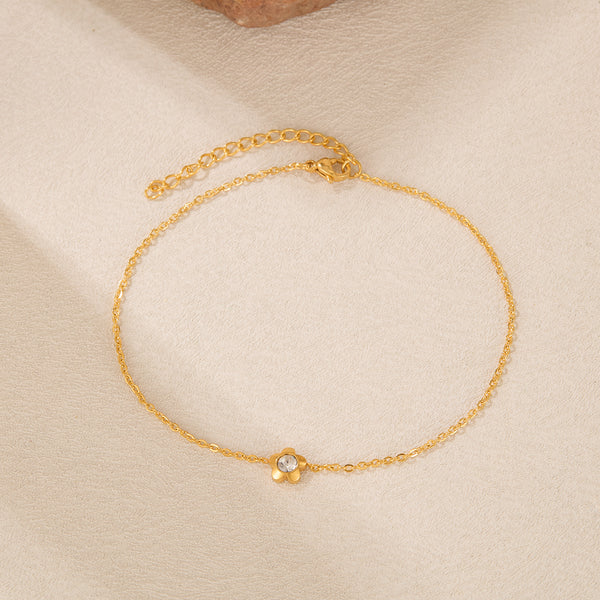 Women’s Gold Titanium Stainless Steel Anklet with Flower Charm and Cubic Zirconia – Dainty Adjustable Chain Ankle Bracelet for Women and Girls-Women's Anklet-SunnyHouse Jewelry