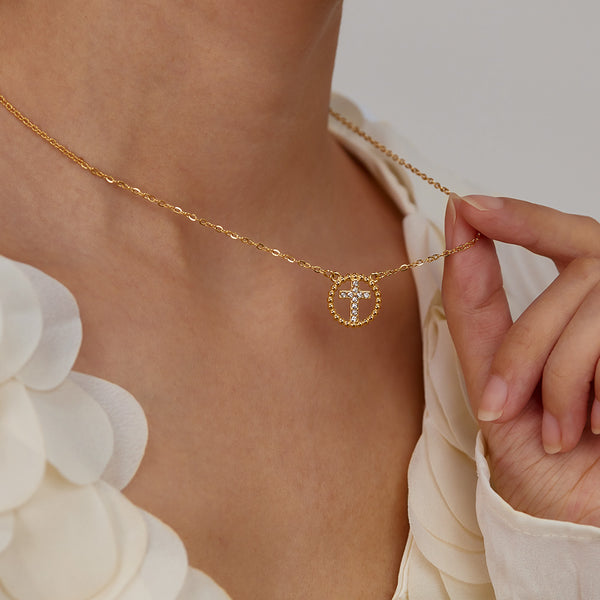 Women's Titanium Stainless Steel Cross Pendant Necklace, Gold-Plated Circle with Crystal Accents – Elegant Religious Jewelry for Everyday and Special Occasions-Women's Necklace-SunnyHouse Jewelry