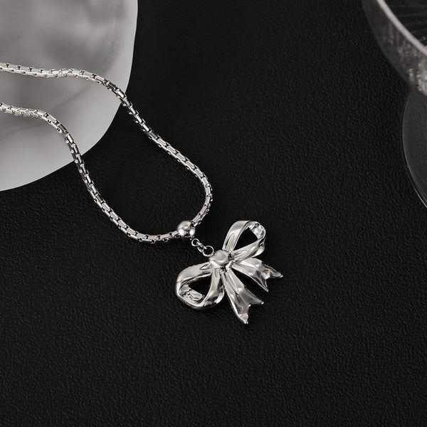 Women’s Lucky Bow Pendant Necklace – Silver Chunky Chain Statement Jewelry, Elegant and Durable Fashion Necklace for Women-Women's Necklace-SunnyHouse Jewelry