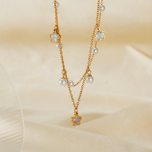 Women’s Simple Fashion Pendant Necklace – Layered Gold Chain with Pearl & Clover Charms, Dainty Fashion Jewelry for Everyday Wear and Special Occasions-Women's Necklace-SunnyHouse Jewelry