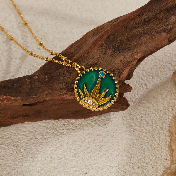 Women's Titanium Stainless Steel Sun and Moon Pendant Necklace with Green Enamel and Cubic Zirconia – Gold-Plated Chain – Hypoallergenic & Tarnish Resistant-Women's Necklace-SunnyHouse Jewelry