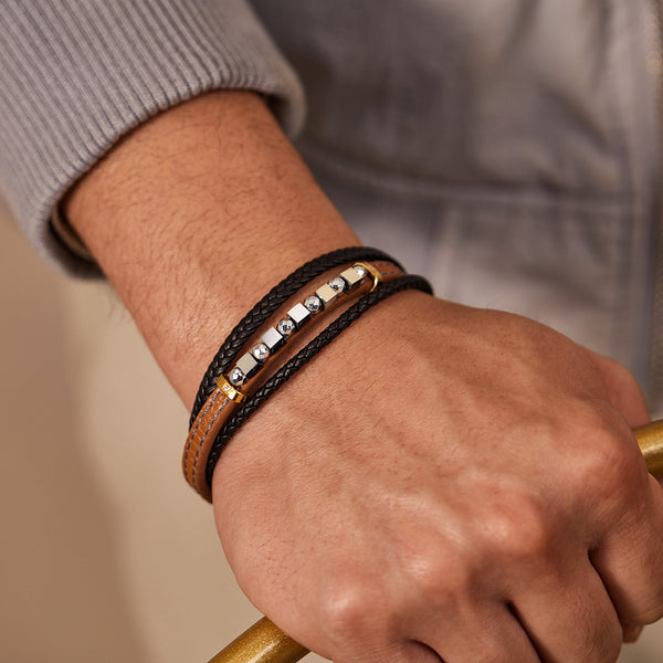 Men's Leather and Stainless Steel Bracelet – Dual Tone with Orange Stitching and Beaded Accents, Magnetic Clasp-Men's Bracelet-SunnyHouse Jewelry