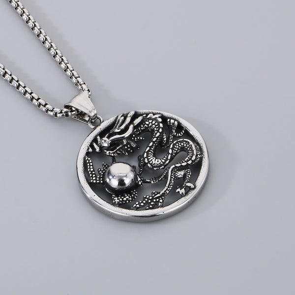 Men’s Titanium Stainless Steel Dragon Pendant Necklace – Intricate Circular Dragon Design – Durable and Stylish Necklace for Men-Men's Pendant Necklace-SunnyHouse Jewelry