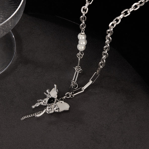 Women’s Butterfly Pendant Necklace with Pearls – Silver Chain Jewelry with Black Heart Crystal, Gothic Punk Style-Women's Necklace-SunnyHouse Jewelry
