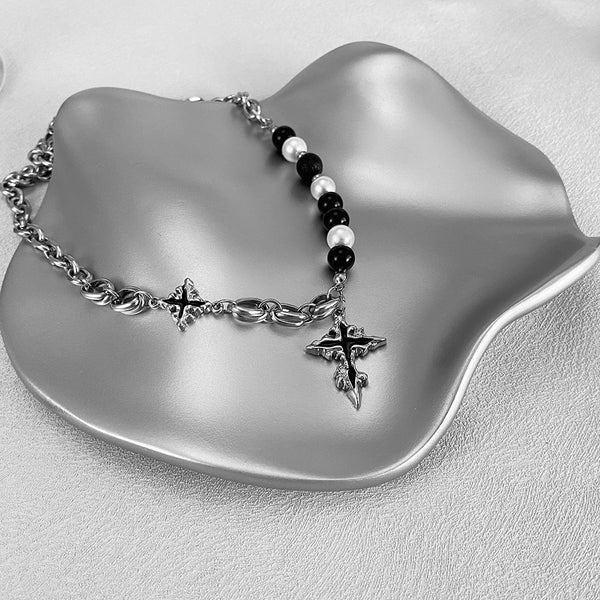 Women’s Titanium Stainless Steel Cross Pendant Necklace, Gothic-Inspired with Black and White Pearl Beads – Unique Fashion Statement Necklace-Women's Necklace-SunnyHouse Jewelry