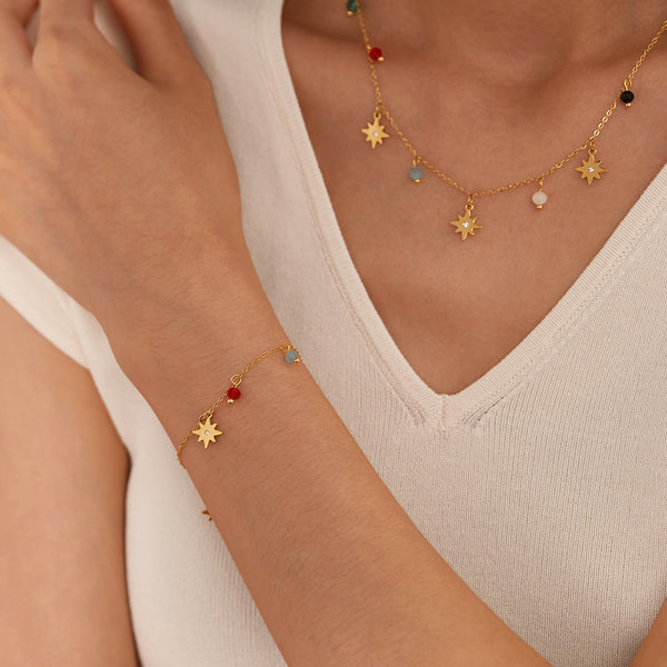 Elegant Women's Titanium Stainless Steel Star Charm Bracelet with Colorful Beads, Gold Plated, Adjustable Chain, Jewelry for Women and Girls-Women's Bangle-SunnyHouse Jewelry