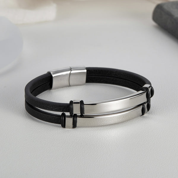 Men's Sleek Leather Bracelet with Polished Stainless Steel Bar - Minimalist and Stylish Accessory-Men's Bracelet-SunnyHouse Jewelry
