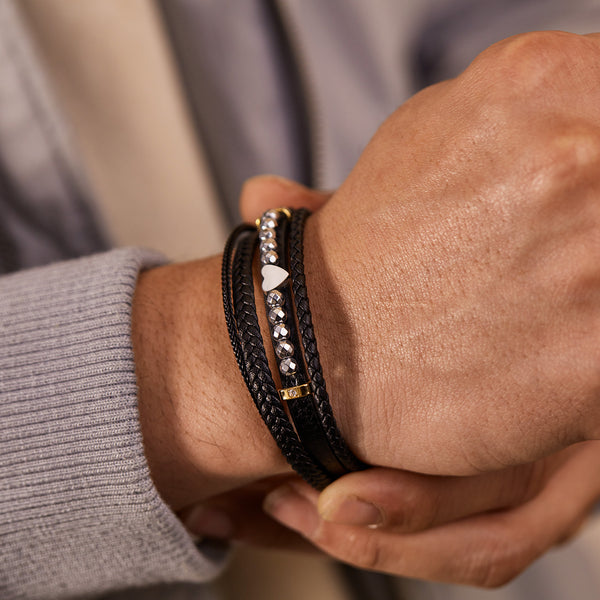 Men's Multi-Strand Leather Bracelet with Heart and Stainless Steel Beads – Stylish, Magnetic Closure-Men's Bracelet-SunnyHouse Jewelry