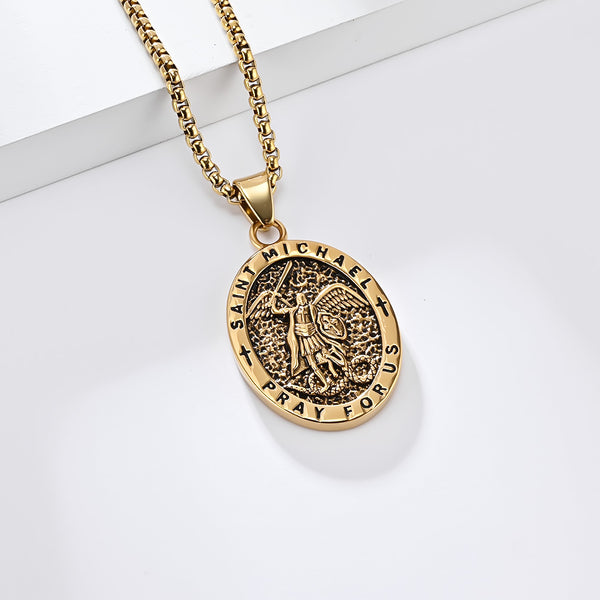 Saint Michael Pendant Necklace for Men, Oval Necklace, Religious Protection Medal, Christian Jewelry, Hypoallergenic & Durable Chain-Men's Pendant Necklace-SunnyHouse Jewelry