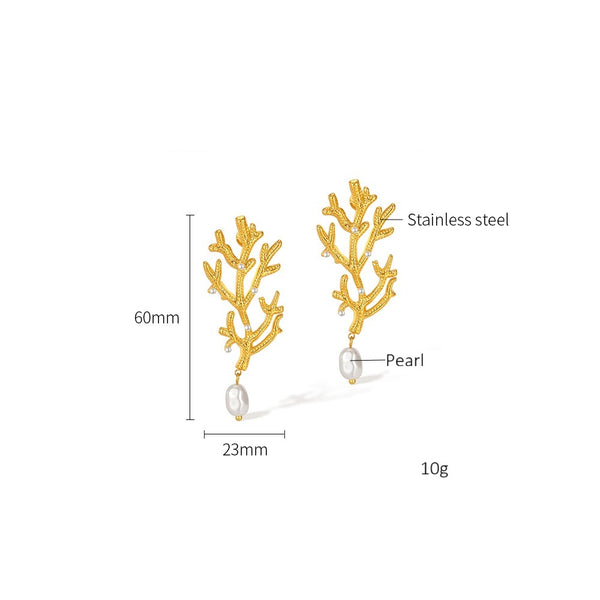 Women’s Gold Coral Pearl Drop Earrings – Ocean-Inspired Statement Earrings with Simulated Pearls, Elegant Dangle Jewelry for Women and Girls-Women's Earrings-SunnyHouse Jewelry