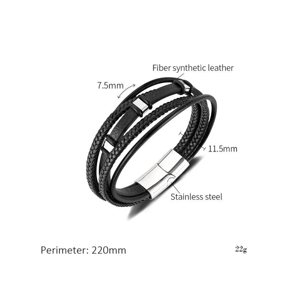Men’s Multi-Strand Leather Bracelet – Titanium Stainless Steel Magnetic Clasp – Black Braided and Smooth Leather Wrap Bracelet for Men-Men's Bracelet-SunnyHouse Jewelry