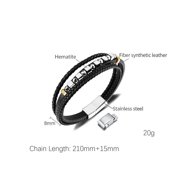 Sophisticated Men's Black Leather and Stainless Steel Beaded Bracelet – Elegant Design with Magnetic Clasp-Men's Earrings-SunnyHouse Jewelry
