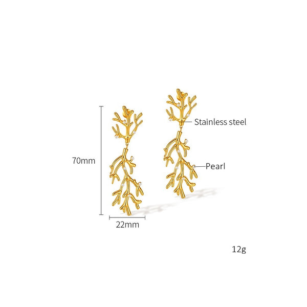 Women’s Gold Coral Branch Pearl Drop Earrings – Ocean-Inspired Long Dangle Earrings with Simulated Pearls, Statement Jewelry for Women and Girls-Women's Earrings-SunnyHouse Jewelry