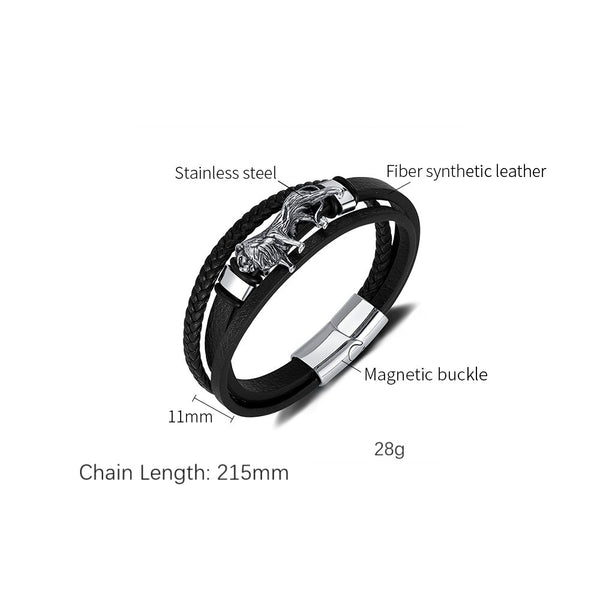 Bold Men's Leather and Stainless Steel Lion Head Bracelet - Stylish and Masculine Accessory-Men's Bracelet-SunnyHouse Jewelry