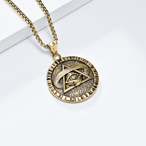 Men's Titanium Stainless Steel All-Seeing Eye Pendant Necklace - Vintage Symbolic Jewelry with Triangle and Eye Design-Men's Pendant Necklace-SunnyHouse Jewelry