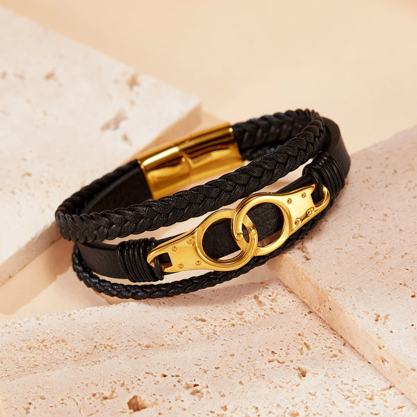 Sophisticated Men's Braided Leather and Gold Plated Bracelet with Equestrian Clasp – Durable and Stylish-Men's Bracelet-SunnyHouse Jewelry