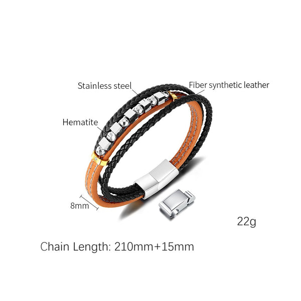 Men's Leather and Stainless Steel Bracelet – Dual Tone with Orange Stitching and Beaded Accents, Magnetic Clasp-Men's Bracelet-SunnyHouse Jewelry
