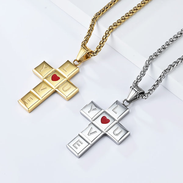 Men's Titanium Stainless Steel Cross Pendant Necklace with Love Design - Perfect Gift for Special Occasions-Men's Pendant Necklace-SunnyHouse Jewelry