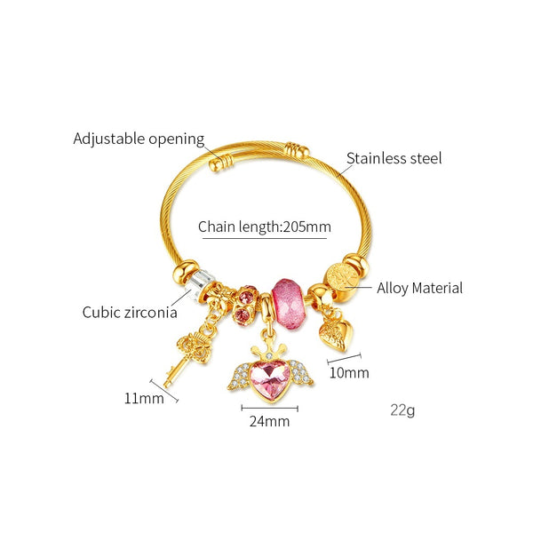 Gold Charm Bracelet for Women with Pink Heart and Key Charms - Elegant and Stylish Jewelry for Any Occasion-Women's Bangle-SunnyHouse Jewelry