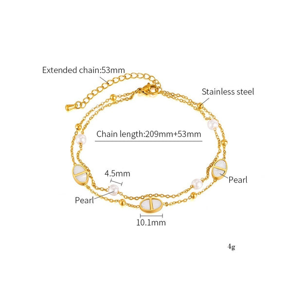 Elegant Women’s Titanium Stainless Steel Anklet – Double Layer Gold Chain with White Shell Inlay and Faux Pearls – Hypoallergenic & Tarnish-Resistant Jewelry for Daily Wear-Women's Anklet-SunnyHouse Jewelry