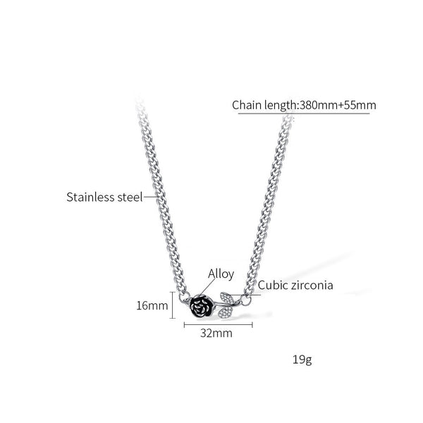 Women’s Lucky Rose Pendant Necklace – Silver Chain with Black Rose and Crystal Leaves, Elegant Durable Fashion Jewelry for Women-Women's Necklace-SunnyHouse Jewelry