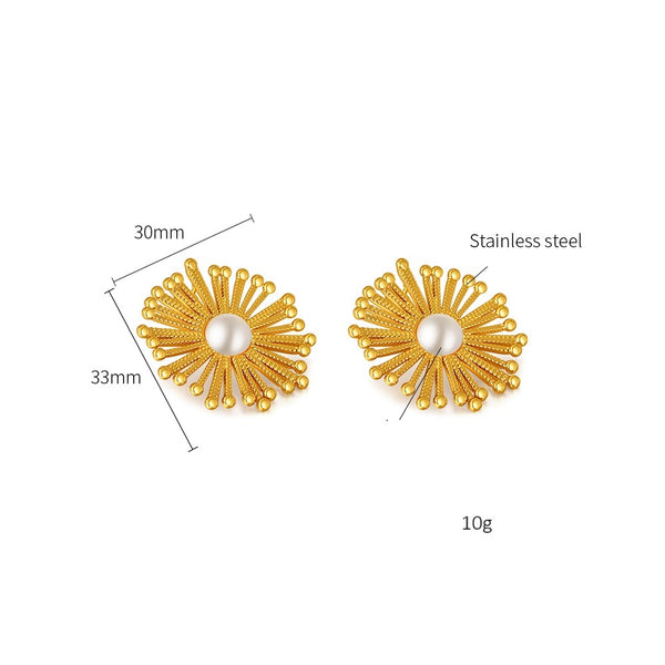 Women’s Gold Sunburst Pearl Earrings – Elegant Statement Stud Earrings with Simulated Pearl Center, Fashion Jewelry for Women and Girls-Women's Earrings-SunnyHouse Jewelry