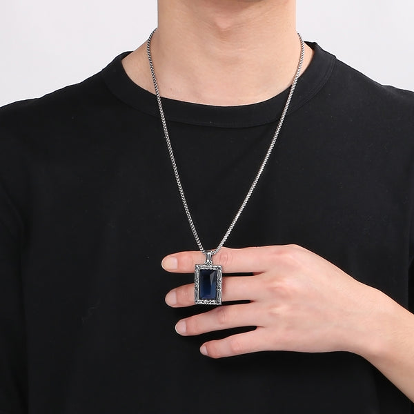 Men’s Titanium Stainless Steel Blue Stone Pendant Necklace – Vintage-Style Rectangular Pendant with Intricate Detailing – Durable Fashion Necklace for Men-Men's Pendant Necklace-SunnyHouse Jewelry