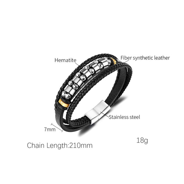 Men's Stylish Leather and Stainless Steel Beaded Bracelet – Secure Magnetic Clasp, Ideal for Daily Wear-Men's Bracelet-SunnyHouse Jewelry