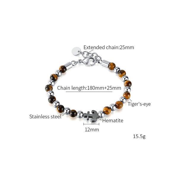Men’s Tiger Eye Bead Bracelet with Anchor Charm – Stainless Steel Adjustable Clasp, Durable Fashion Jewelry for Men-Men's Bracelet-SunnyHouse Jewelry