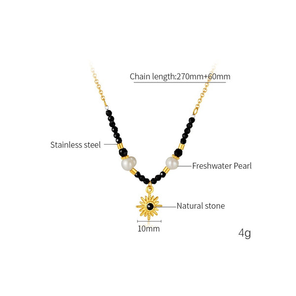 Elegant Women's Black Bead and Pearl Pendant Necklace with Gold Sunburst Charm – Versatile, Fashionable Accessory-Women's Necklace-SunnyHouse Jewelry