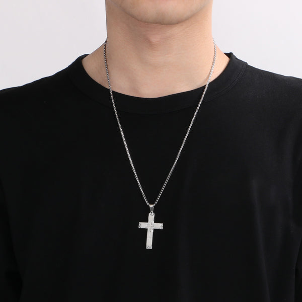 Men’s Titanium Stainless Steel Cross Pendant Necklace – Gold-Plated with Greek Key Engravings – Durable Christian Jewelry for Men-Men's Pendant Necklace-SunnyHouse Jewelry