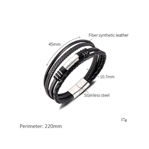 Men’s Multi-Layer Leather Bracelet with Titanium Stainless Steel Clasp – Braided & Smooth Black Bands, Magnetic Closure, Stylish Cuff Jewelry for Men-Men's Bracelet-SunnyHouse Jewelry