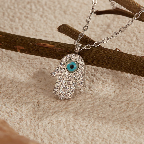 Women’s Evil Eye Hamsa Hand Pendant Necklace – Sterling Silver Plated Chain with Blue Eye Charm – Protective Jewelry Gift for Women-Women's Necklace-SunnyHouse Jewelry